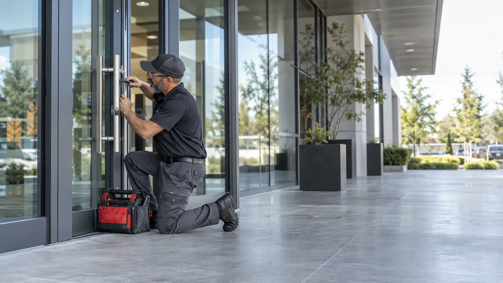 IPC Group technician servicing commercial entry door hardware