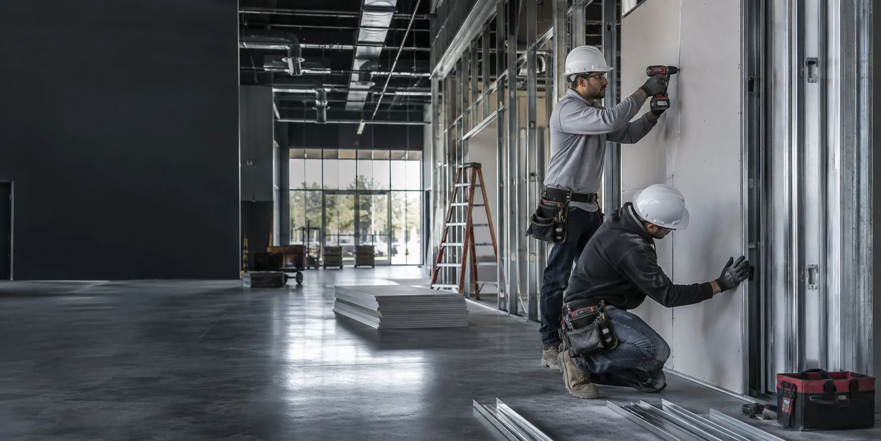IPC Group carpenters framing and hanging drywall in a commercial build-out