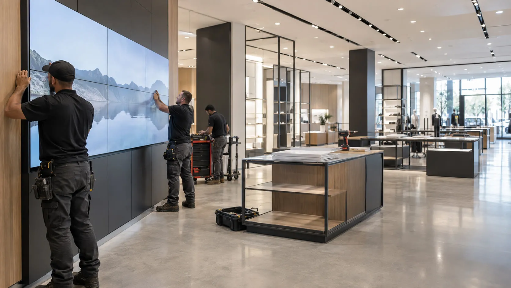 IPC Group crew installing a digital display wall in a retail store